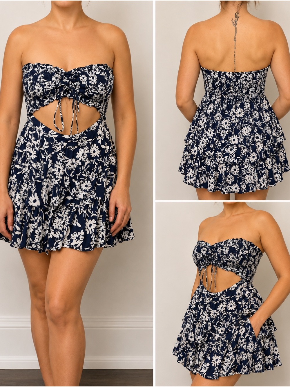 Strapless Navy Floral Cutout Mini Dress